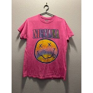 Nirvana Pink Smiley Face Graphic T-Shirt Mens Medium Tie Dye Logo Band Tee
